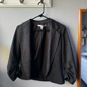 Charcoal gray blazer with ruched 3/4 sleeves
